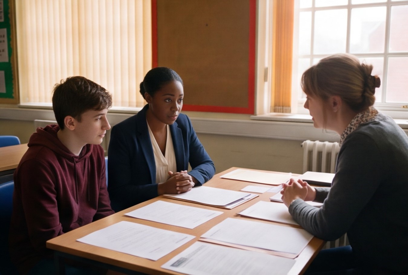 Interpreter in a school meeting with a parent and student